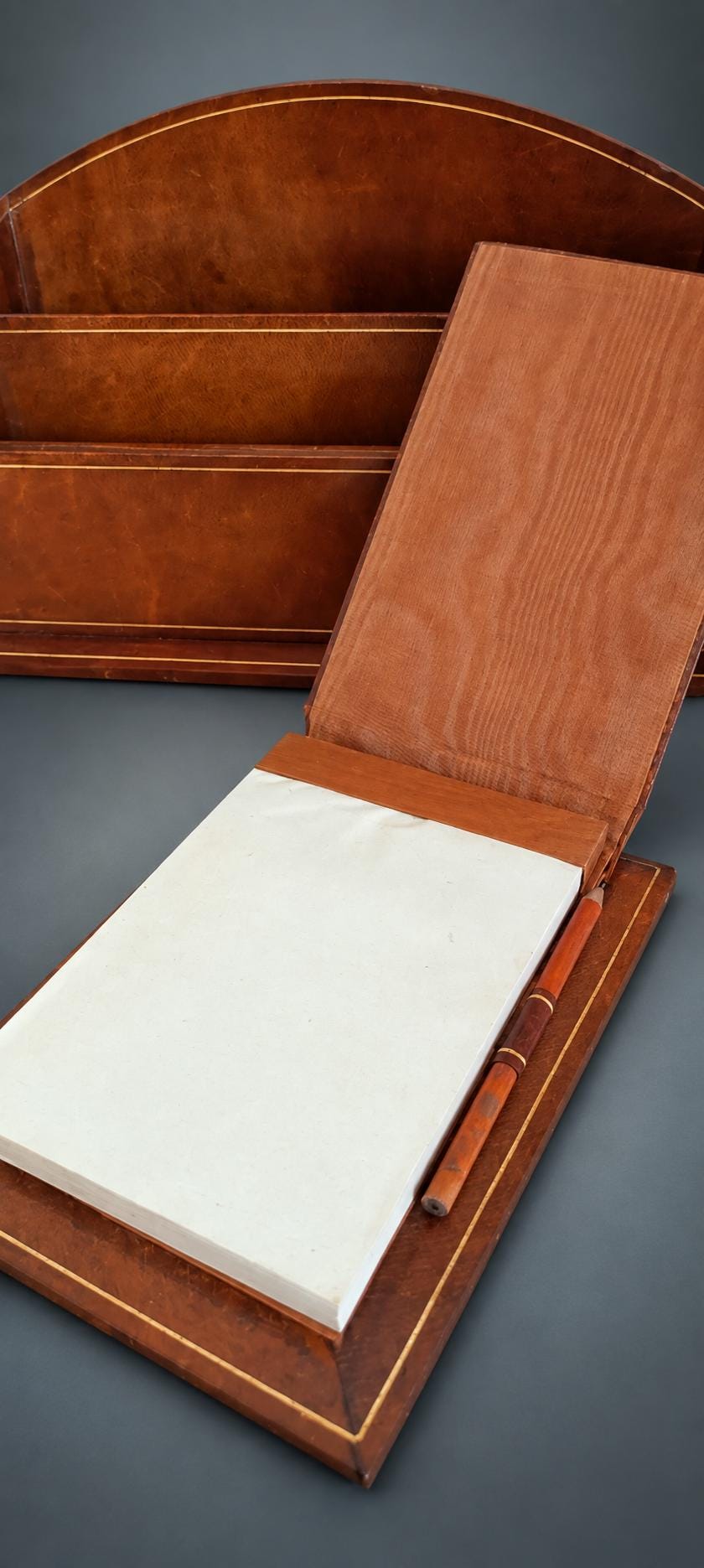 Leather Desk Letter Holder with Gilt-Tooled Borders, Matching Notebook and Pencil, Monogrammed S.P., Desk Set