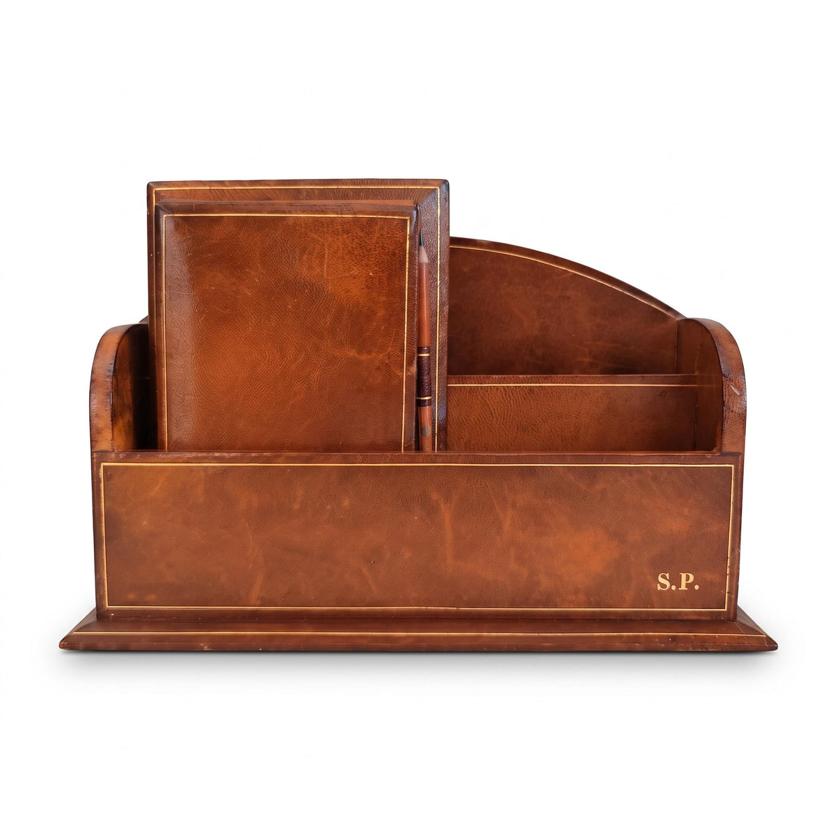 Leather Desk Letter Holder with Gilt-Tooled Borders, Matching Notebook and Pencil, Monogrammed S.P., Desk Set