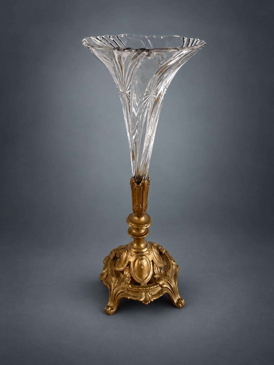 Trumpet Glass Flower Vase on Gilt Metal Rococo Base, Swirled and Engraved Glass, Scroll Feet, Soliflore Centrepiece