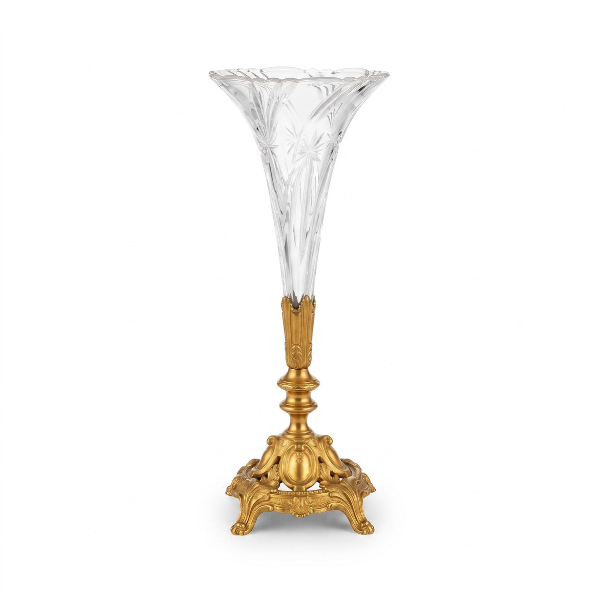 Trumpet Glass Flower Vase on Gilt Metal Rococo Base, Swirled and Engraved Glass, Scroll Feet, Soliflore Centrepiece