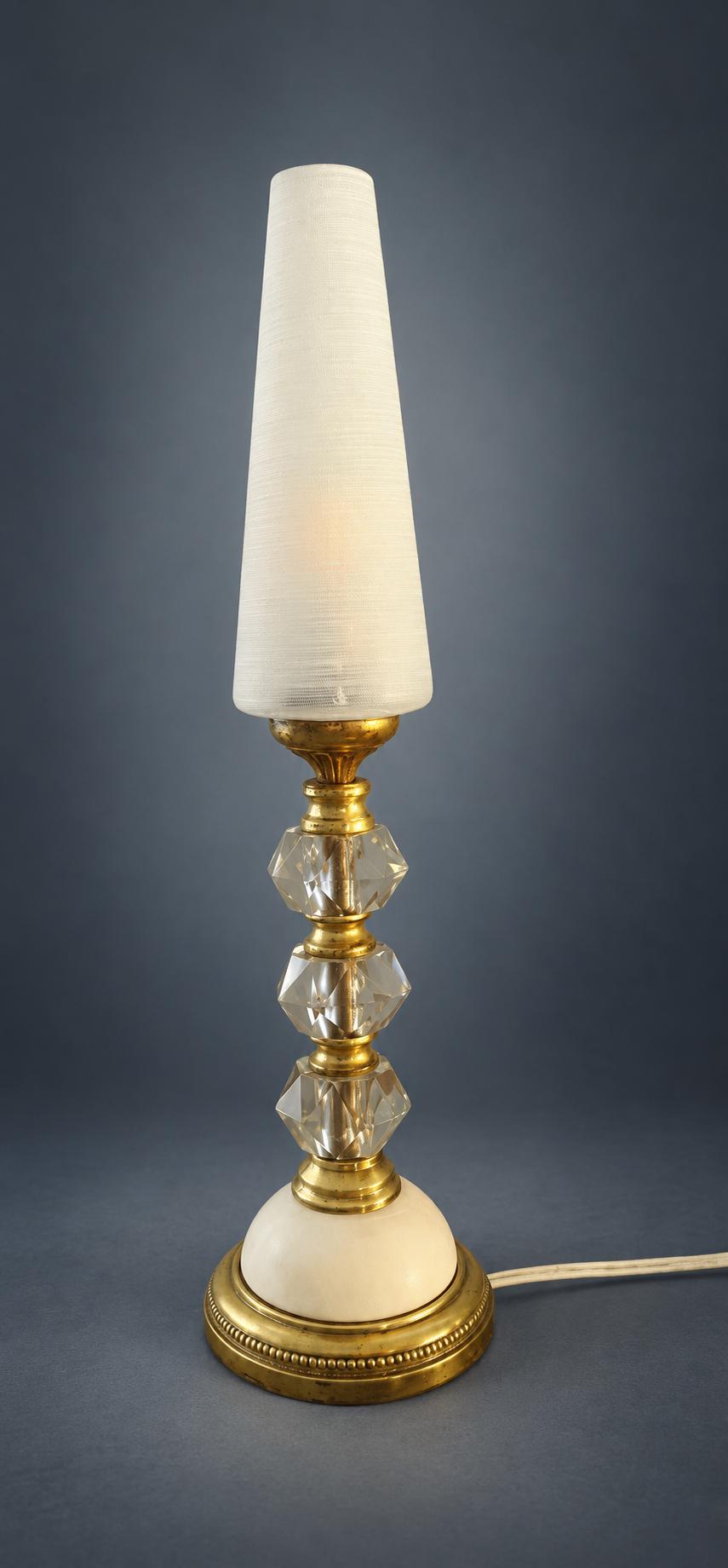 Table Lamp with Faceted Glass Balls, Frosted Glass Cone Shade, Gold-Tone Beaded Base and White Dome, Mid-Century Style