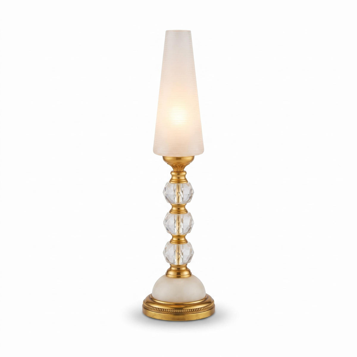 Table Lamp with Faceted Glass Balls, Frosted Glass Cone Shade, Gold-Tone Beaded Base and White Dome, Mid-Century Style