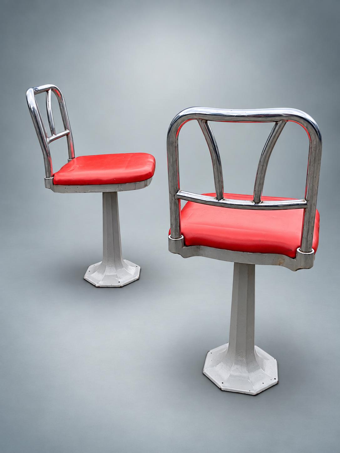 Pair of Vintage Chrome Soda Fountain Chairs — Swivel Pedestal Diner Stools with Red Vinyl Seats