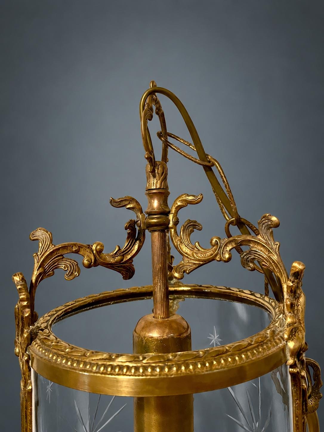Napoleon III Style Hall Lantern, Star-Cut Glass Cylinder in Gilt Metal Rococo Frame, Ceiling Canopy and Chain