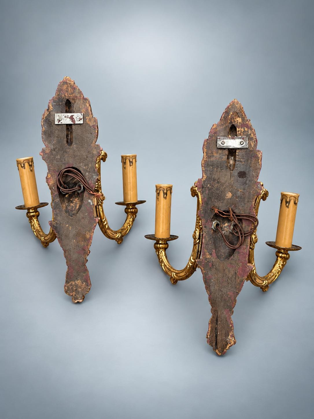 Pair of French Giltwood Two-Light Wall Sconces — Polychrome Torch-Form Sconces with Gilt Metal Scroll Arms