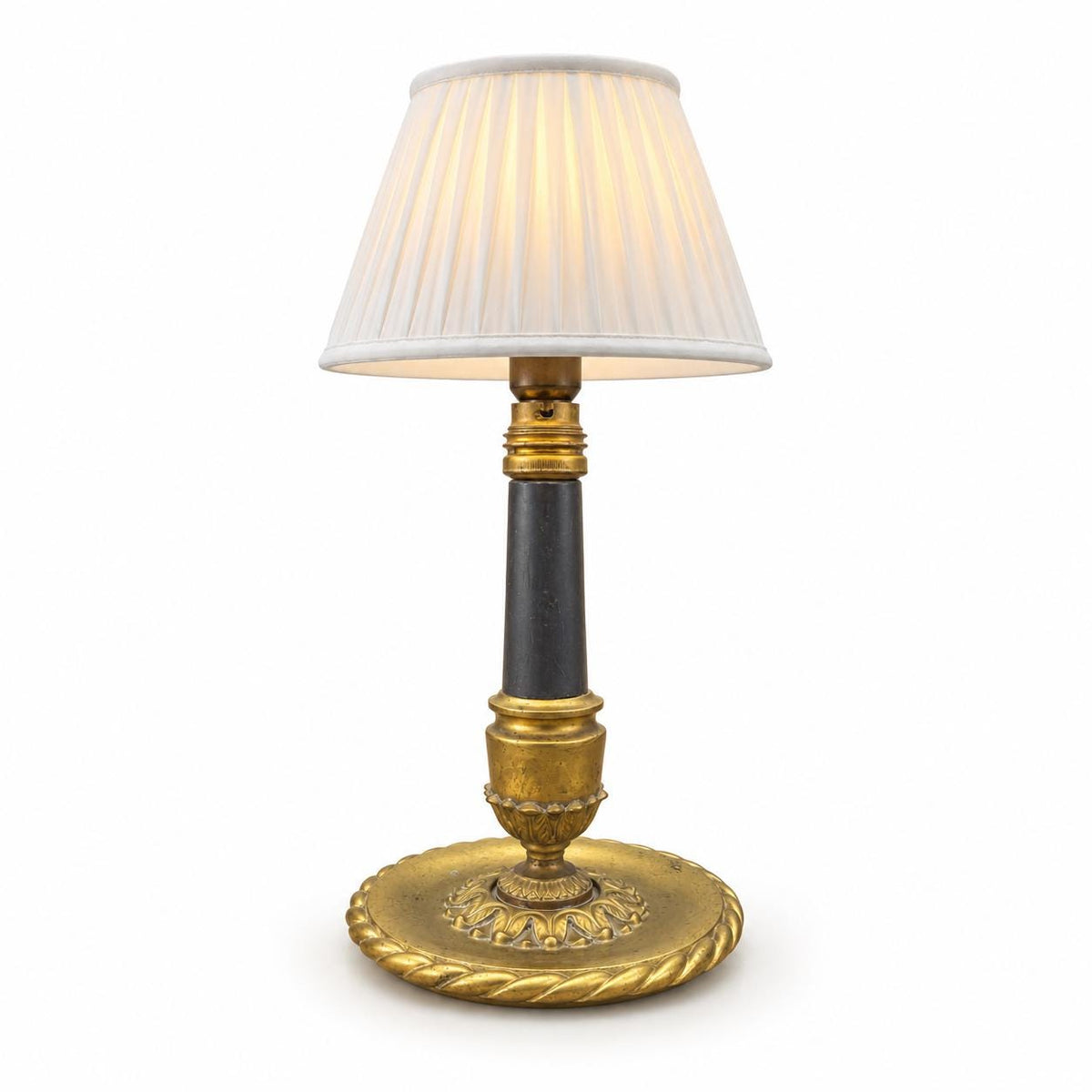 Vintage French Brass Table Lamp, 1930s — Wide Disc Base with Rope-Twist Rim and Blue Painted Wood Column