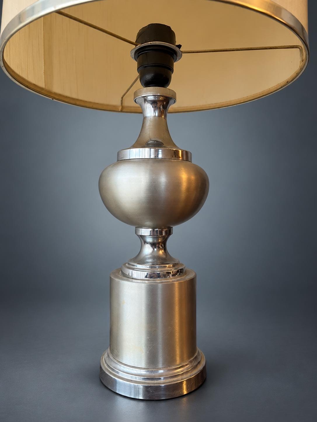 1970s Style Table Lamp, Brushed Silver-Tone Metal Ball and Column Base, Tall Textured Drum Shade with Metallic Trim