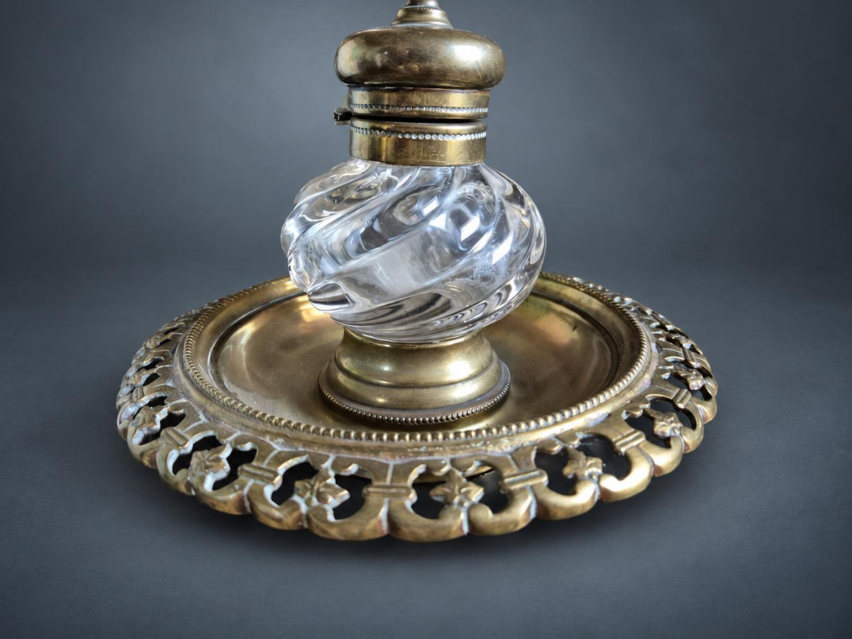 Swirled Glass Inkwell with Hinged Gilt Metal Lid on Pierced Gallery Tray, Louis Philippe Style Desk Inkstand