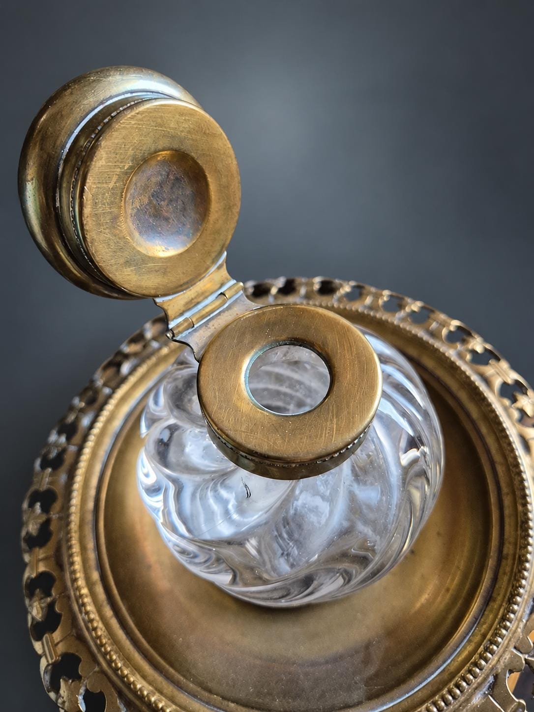 Swirled Glass Inkwell with Hinged Gilt Metal Lid on Pierced Gallery Tray, Louis Philippe Style Desk Inkstand