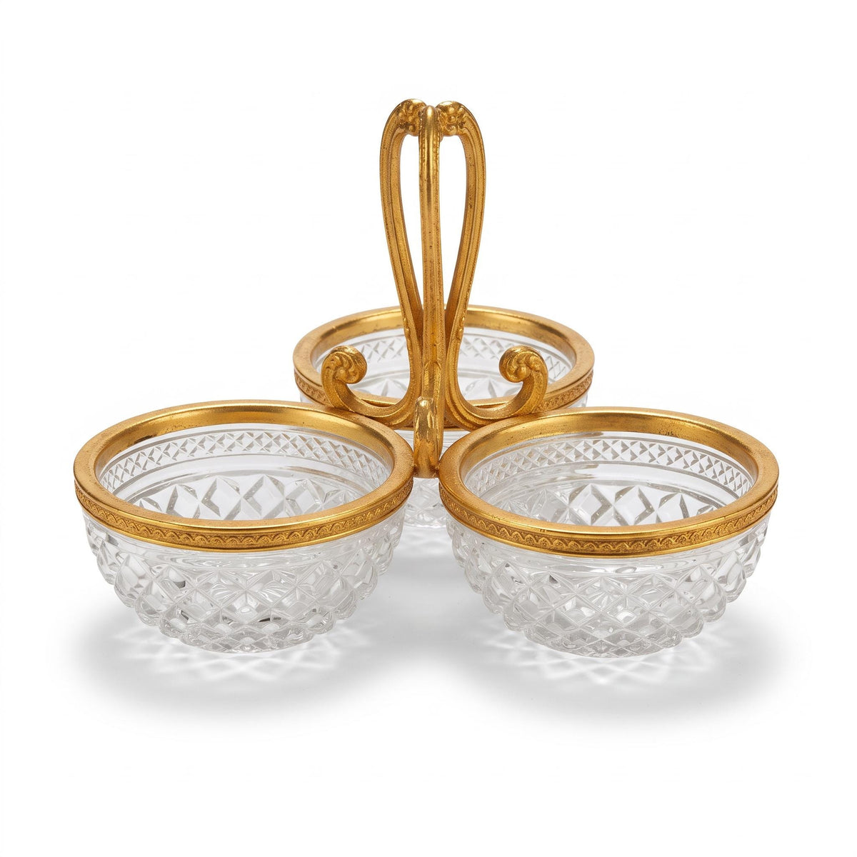 Three-Compartment Glass Serving Dish with Gilt Metal Rims and Looped Handle, Diamond and Star Pattern, Condiment Server