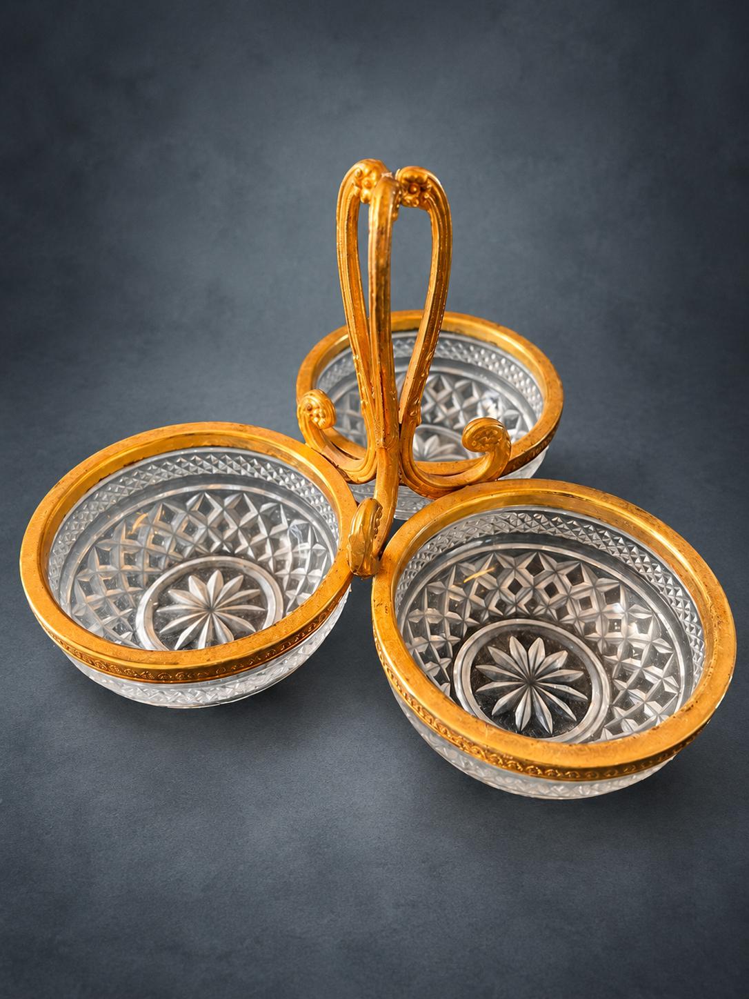 Three-Compartment Glass Serving Dish with Gilt Metal Rims and Looped Handle, Diamond and Star Pattern, Condiment Server