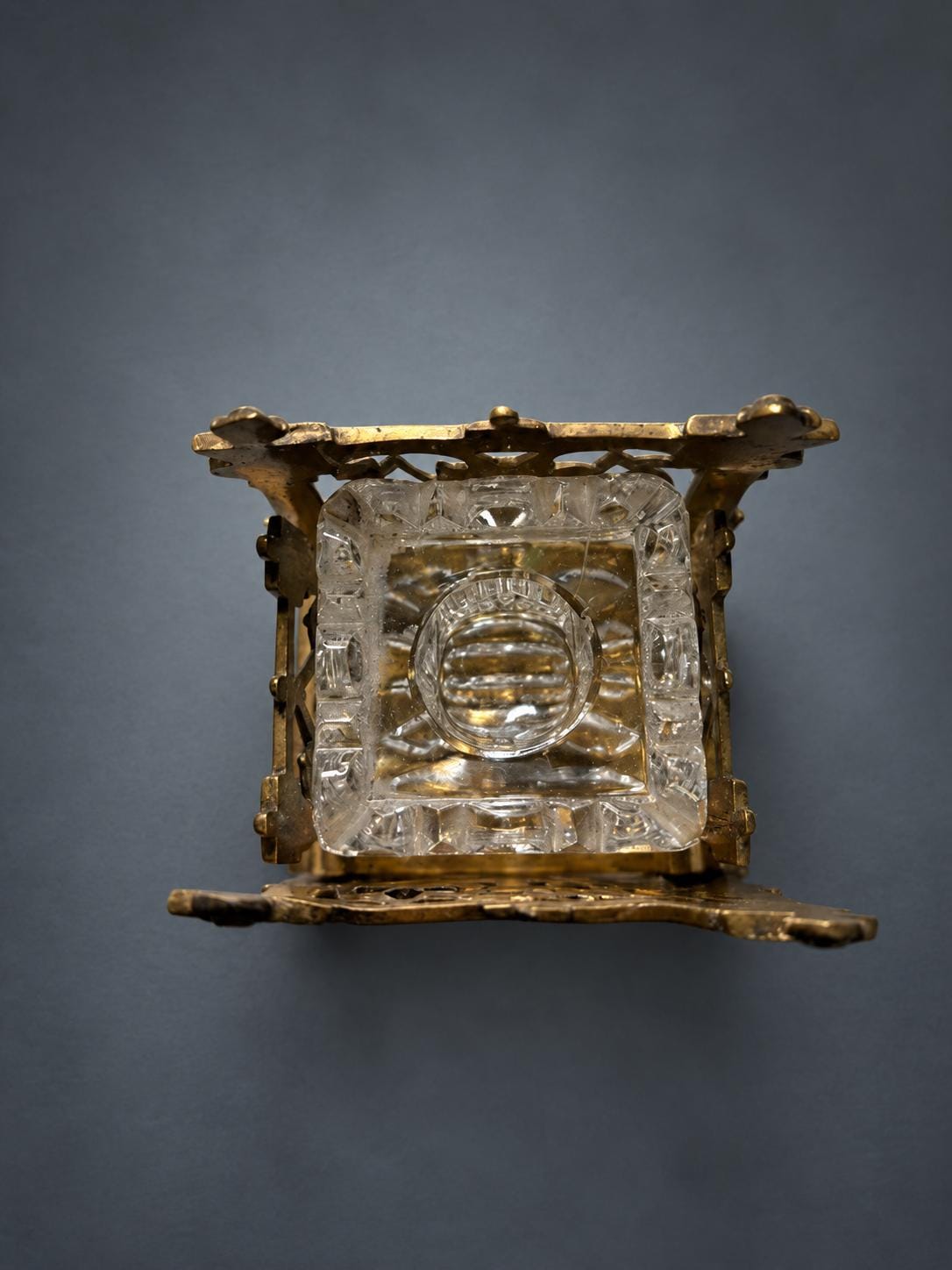 Gothic Revival Style Inkwell, Pierced Gold-Tone Metal Cage with Twisted Columns, Faceted Glass Well and Stopper
