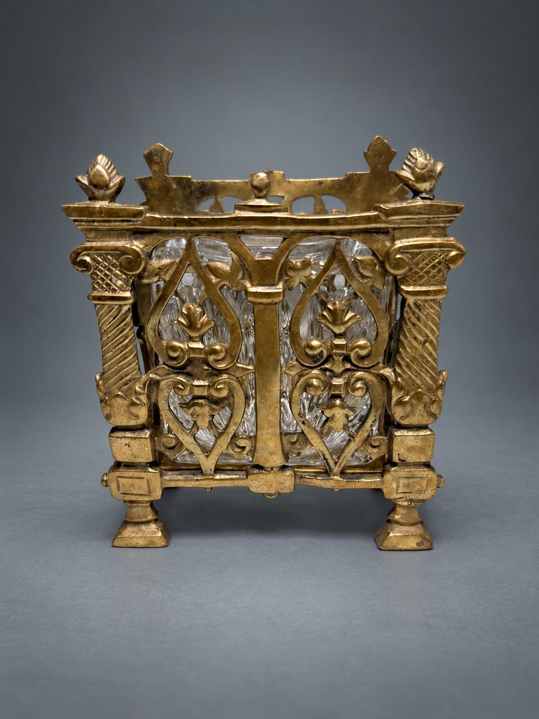 Gothic Revival Style Inkwell, Pierced Gold-Tone Metal Cage with Twisted Columns, Faceted Glass Well and Stopper