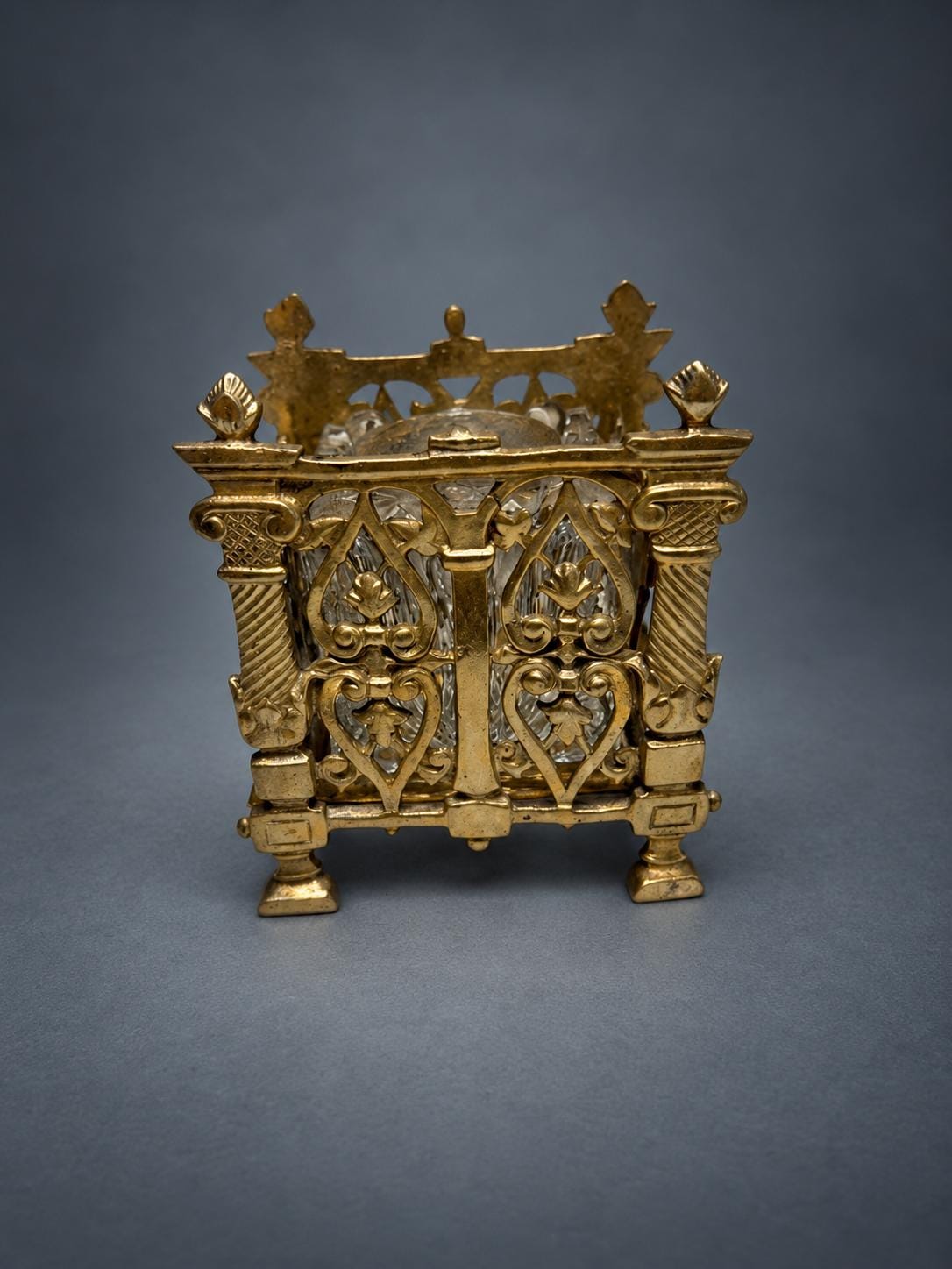 Gothic Revival Style Inkwell, Pierced Gold-Tone Metal Cage with Twisted Columns, Faceted Glass Well and Stopper