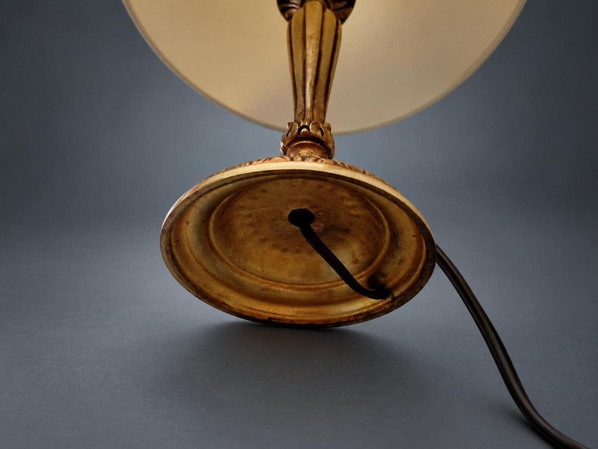 Candlestick Table Lamp in Gilt Metal, Fluted Stem with Leaf-Cast Cup and Base, Candle Sleeve, Cream Cone Shade