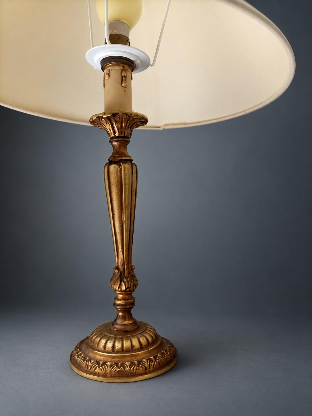 Candlestick Table Lamp in Gilt Metal, Fluted Stem with Leaf-Cast Cup and Base, Candle Sleeve, Cream Cone Shade