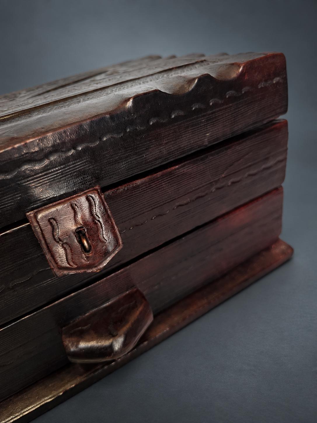 Tooled Leather Jewelry Box with Drawer, Dark Brown Leather with Cut Geometric Motifs, Leather Strap and Hasp