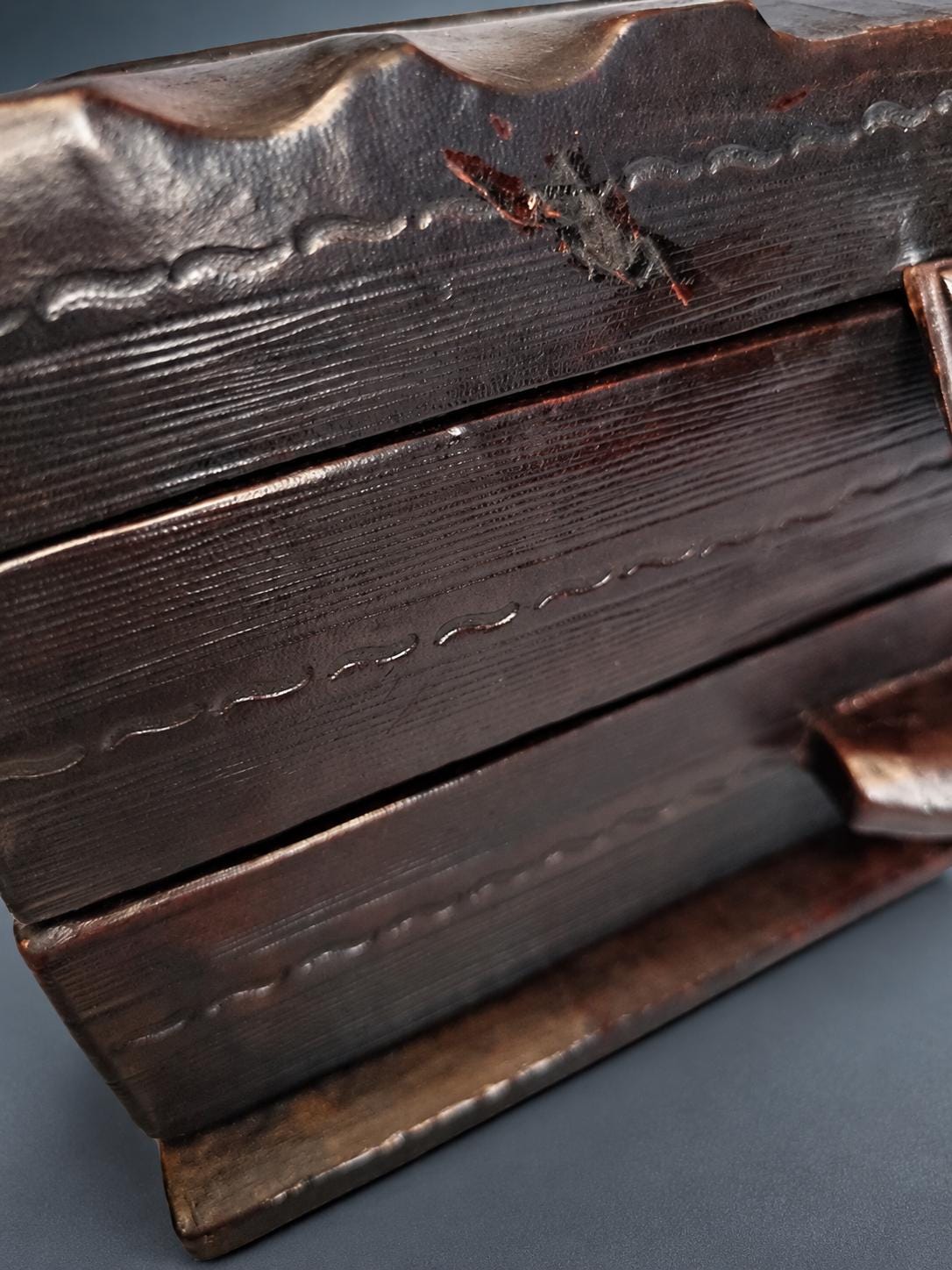 Tooled Leather Jewelry Box with Drawer, Dark Brown Leather with Cut Geometric Motifs, Leather Strap and Hasp