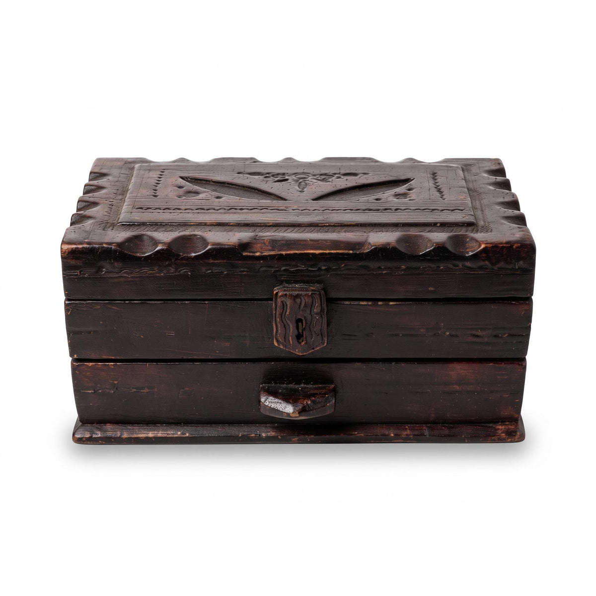 Tooled Leather Jewelry Box with Drawer, Dark Brown Leather with Cut Geometric Motifs, Leather Strap and Hasp