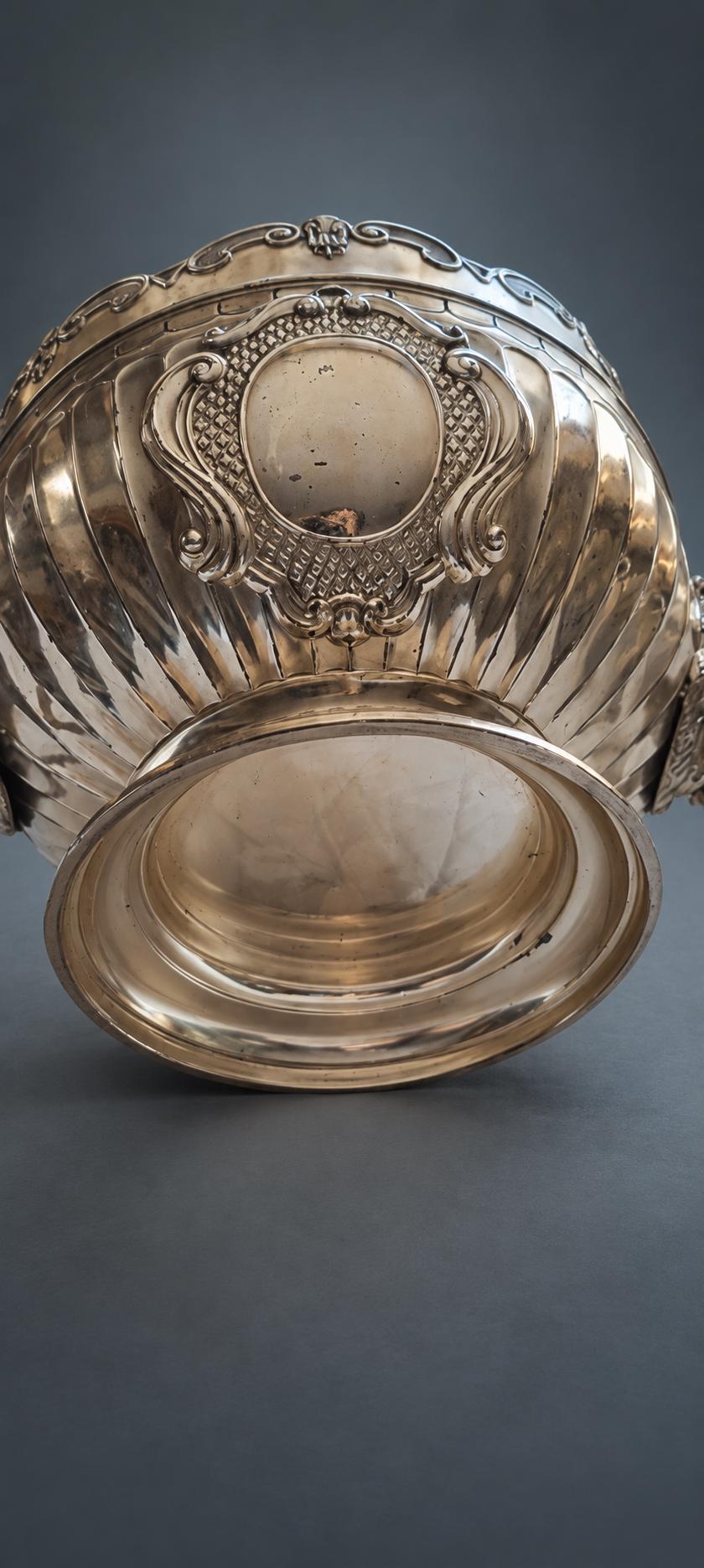 Monteith Style Bowl in Silver-Tone Metal with Gilt-Tone Interior, Lion Mask Ring Handles, Scalloped Rim, Blank Cartouche
