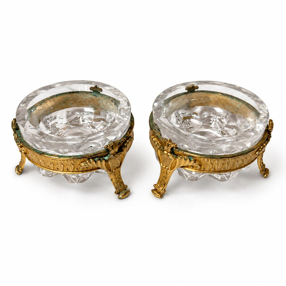 Pair of Gilt Metal Mounted Faceted Glass Trinket Dishes, Three-Footed European Vanity Ware