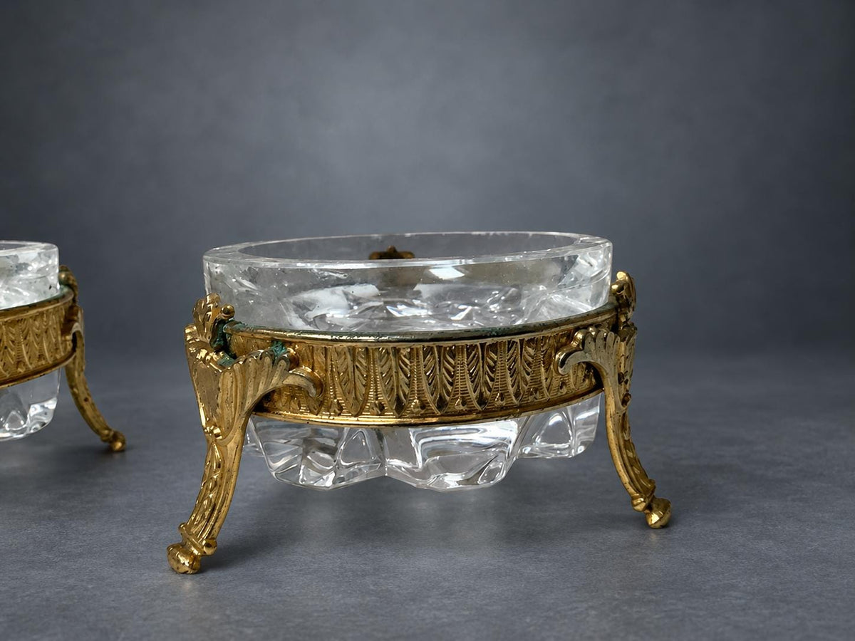Pair of Gilt Metal Mounted Faceted Glass Trinket Dishes, Three-Footed European Vanity Ware