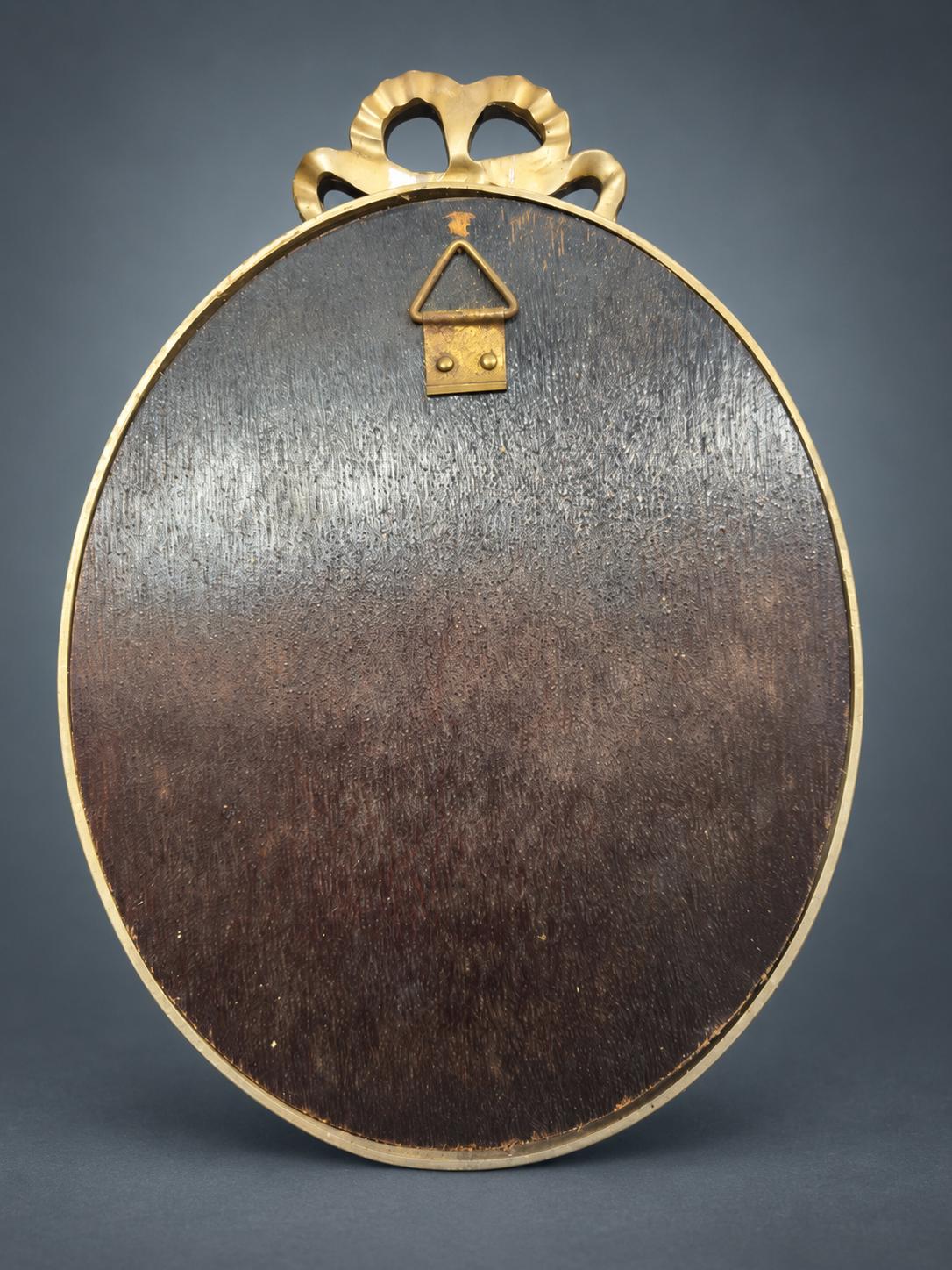 Small Oval Louis XVI Style Wall Mirror, Gilt Metal Frame with Ribbon-Bow Crest and Beaded Borders