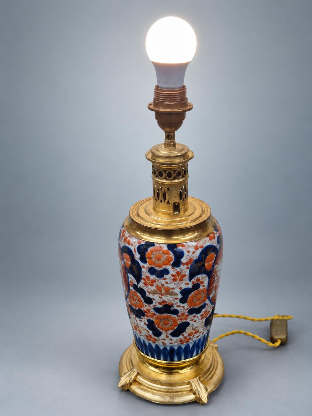 Imari Palette Ceramic Vase Lamp in Gilt Metal Mounts, Pierced Gallery Collar and Scroll-Foot Base, 45 cm