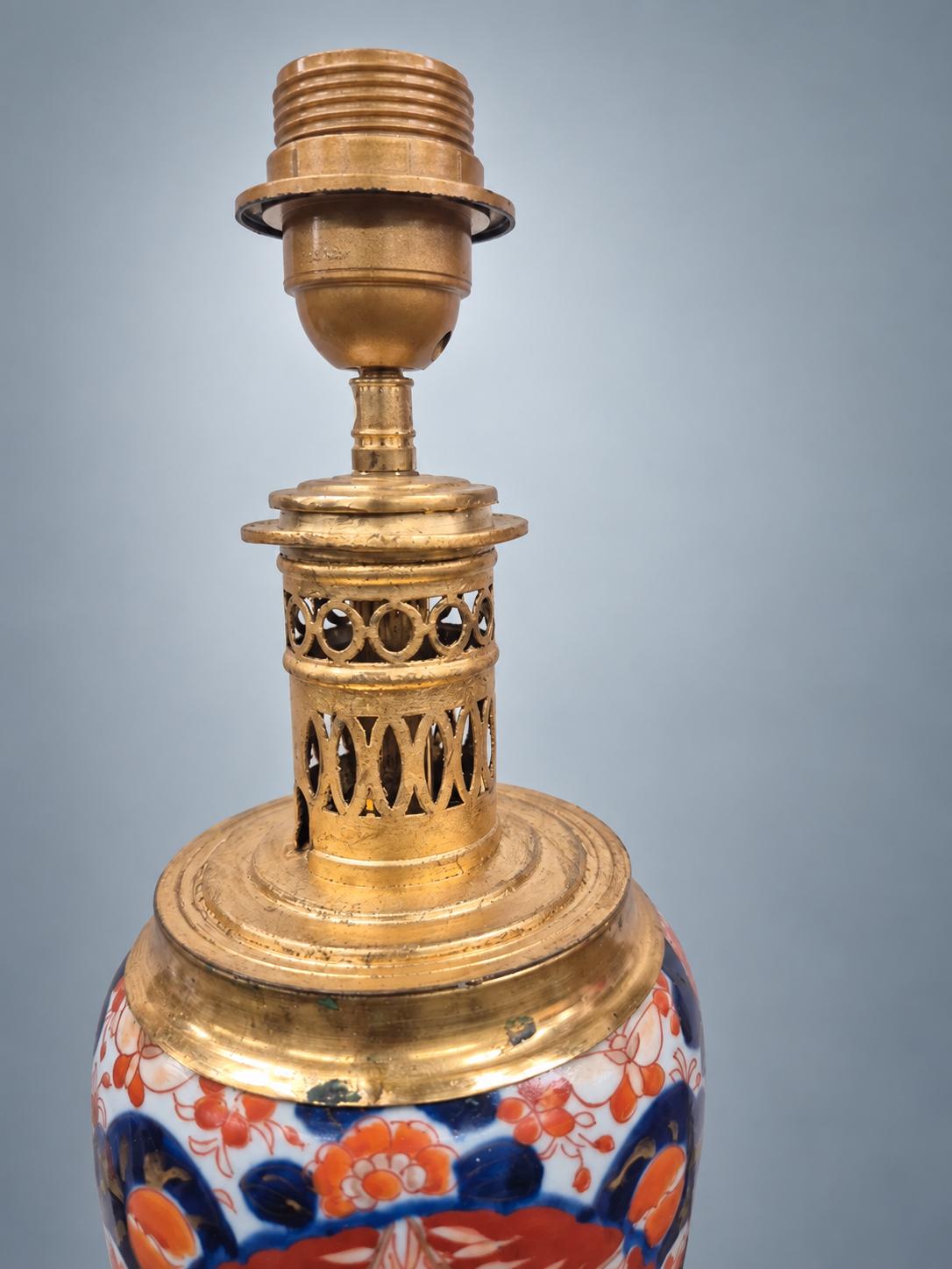 Imari Palette Ceramic Vase Lamp in Gilt Metal Mounts, Pierced Gallery Collar and Scroll-Foot Base, 45 cm