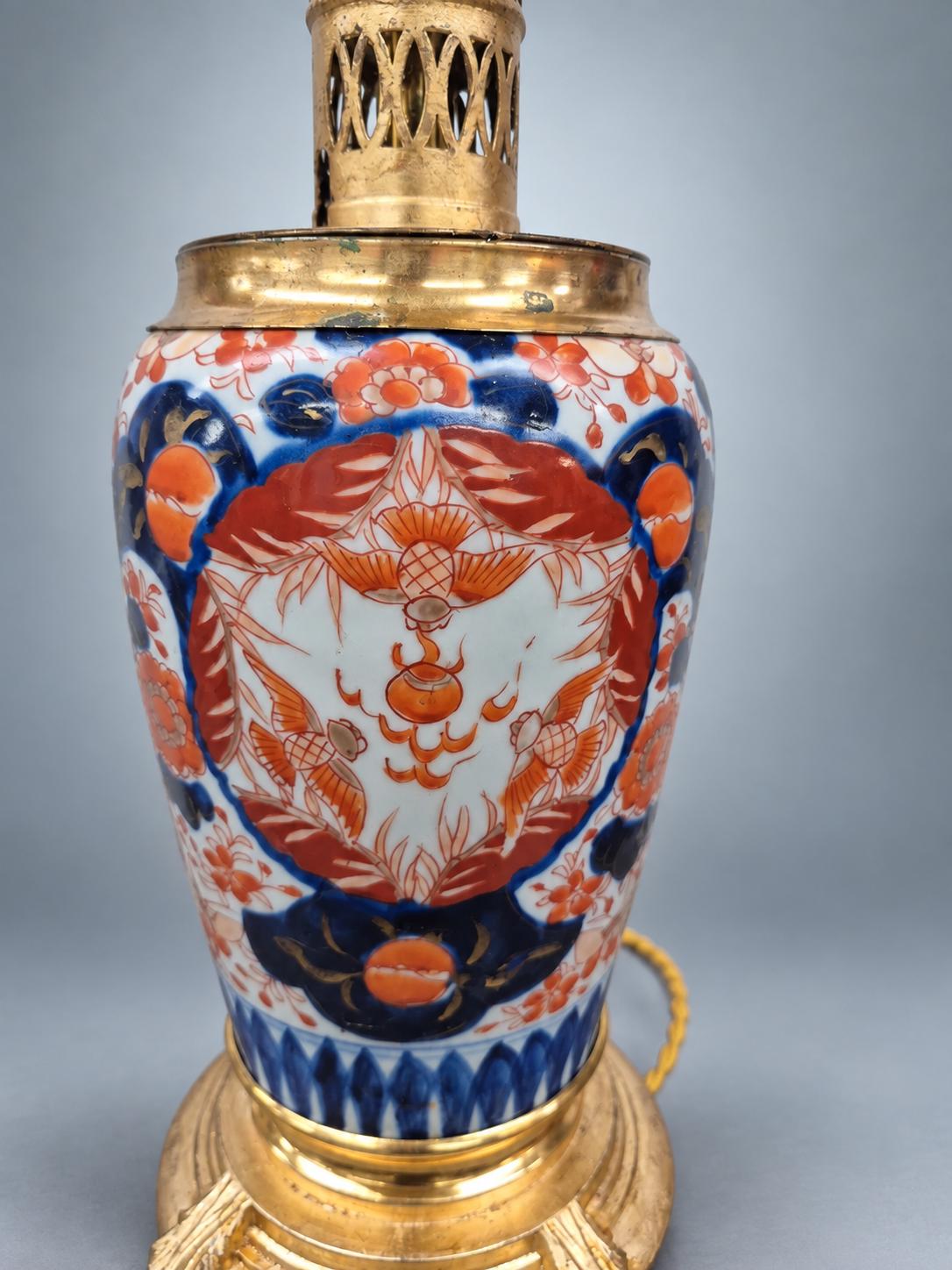 Imari Palette Ceramic Vase Lamp in Gilt Metal Mounts, Pierced Gallery Collar and Scroll-Foot Base, 45 cm
