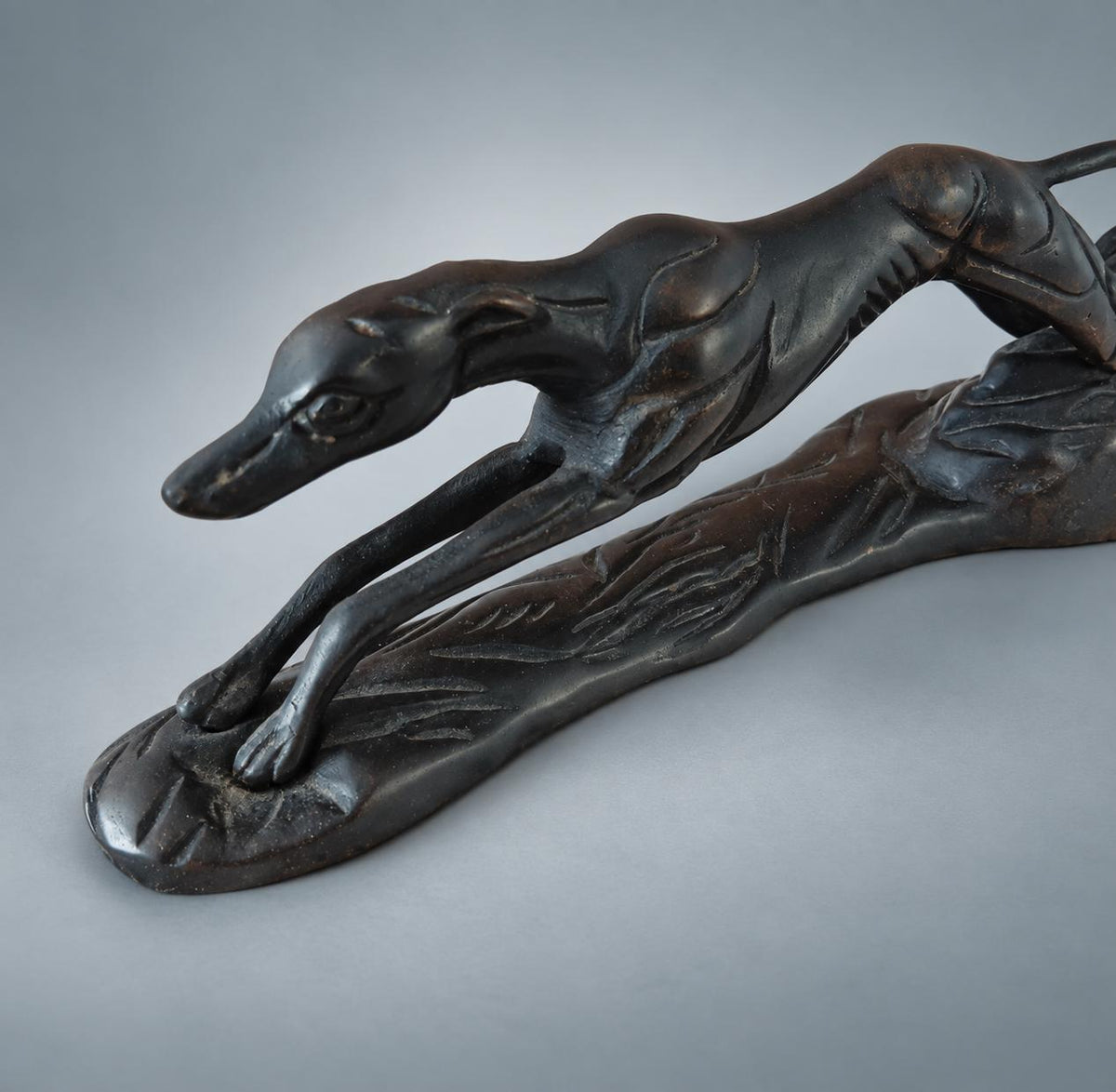 Art Deco Style Running Greyhound Figure, Black Patinated Metal on Naturalistic Base, Desk Sculpture