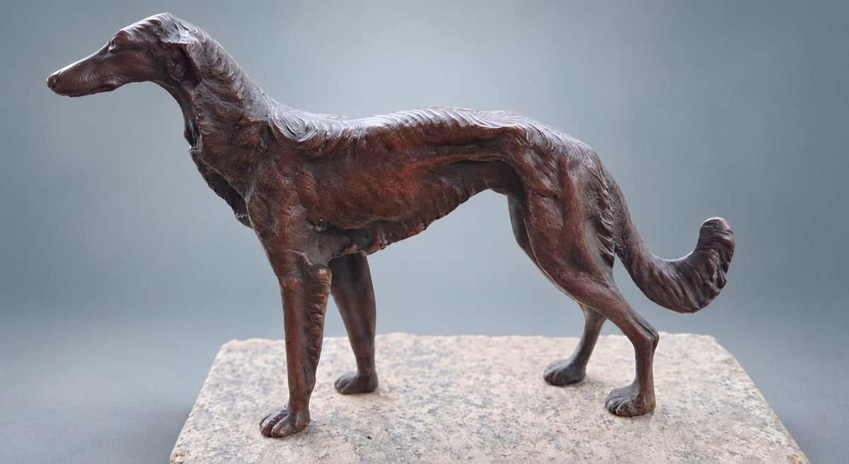 Standing Borzoi Figure in Brown Patinated Metal on Speckled Rectangular Base, Animalier Style Dog Sculpture