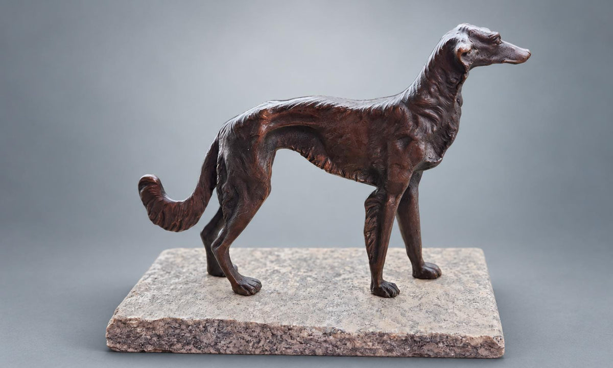 Standing Borzoi Figure in Brown Patinated Metal on Speckled Rectangular Base, Animalier Style Dog Sculpture