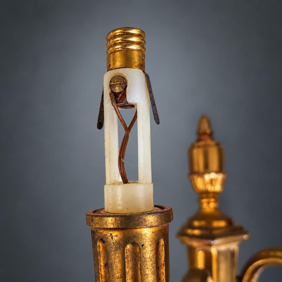 Pair of Louis XVI Style Two-Arm Wall Sconces, Gilt Metal with Urn Finials, Four Red Clip-On Shades with Gold Braid
