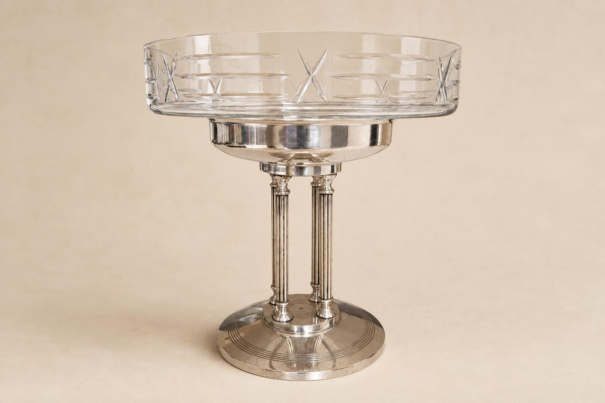 Antique French Art Deco Crystal Bowl on Silver-Plated Pedestal Stand — France, circa 1930