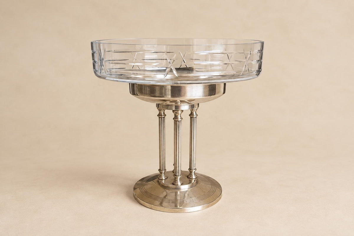 Antique French Art Deco Crystal Bowl on Silver-Plated Pedestal Stand — France, circa 1930