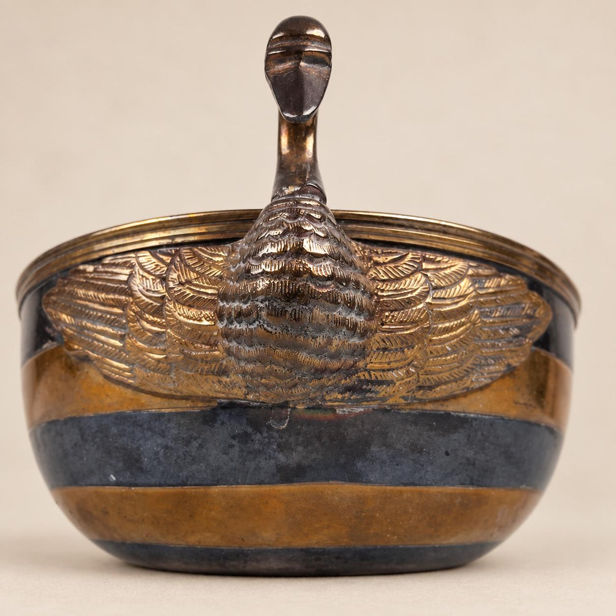 Vintage Brass and Silvered Metal Bowl, Swan Handles, Striped Two-Tone Body — Europe, mid-20th Century