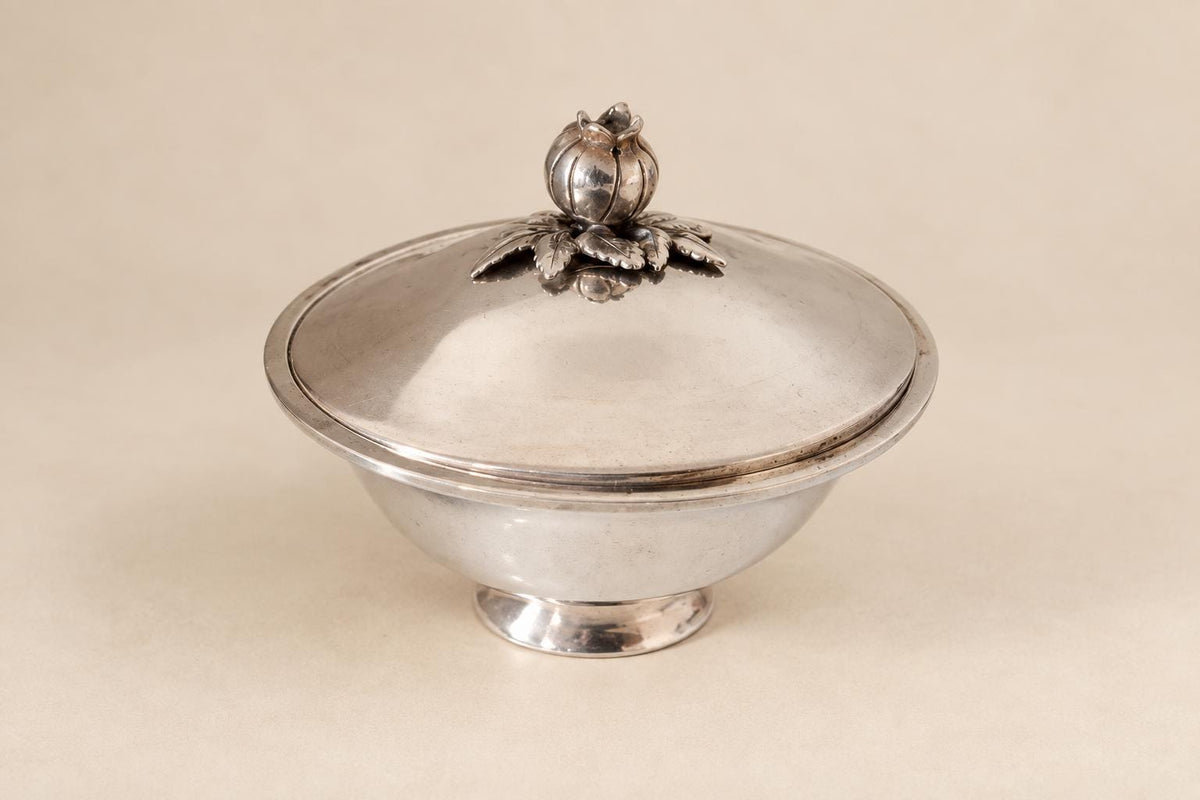 Silver-Plated Lidded Bonbonnière, Pomegranate Finial, Footed Bowl — Europe, Vintage