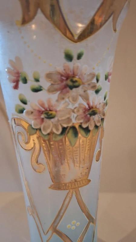 Pair of Antique Art Nouveau Enamelled Glass Vases, Floral Basket and Gilt Arabesques — Europe, circa 1900