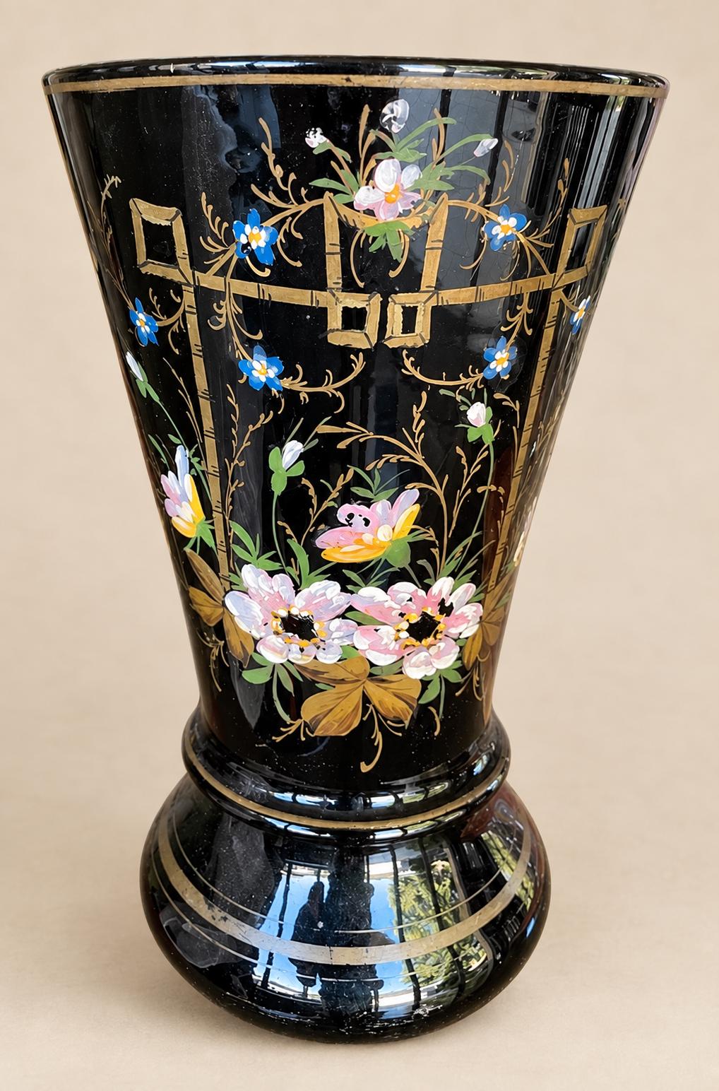 Antique French Black Opaline Glass Vase, Hand-Painted Flowers and Gilt Trellis, Napoleon III — France, 19th Century