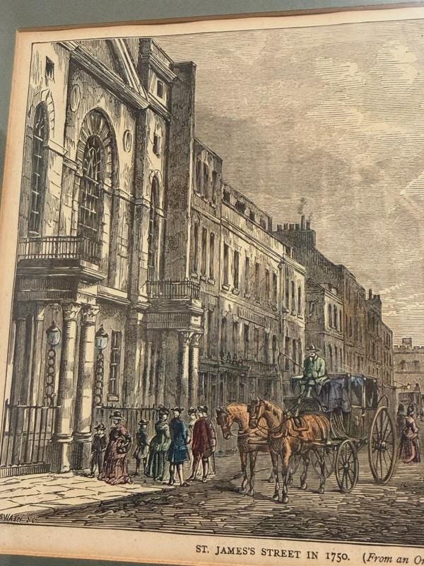 Antique Framed Engraving, St. James's Street London 1750, Hand-Coloured — England, 19th Century