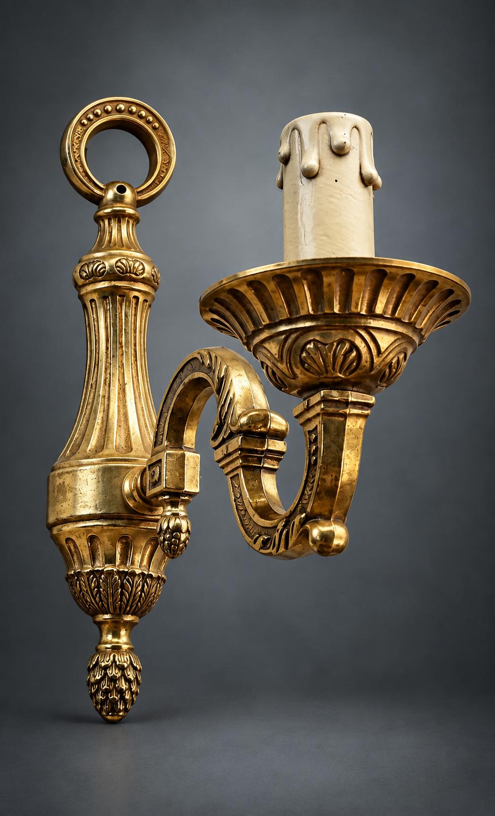 Pair of Louis XVI Style Single-Arm Wall Sconces, Gilt Metal with Acanthus Scroll Arms and Pine Cone Finials