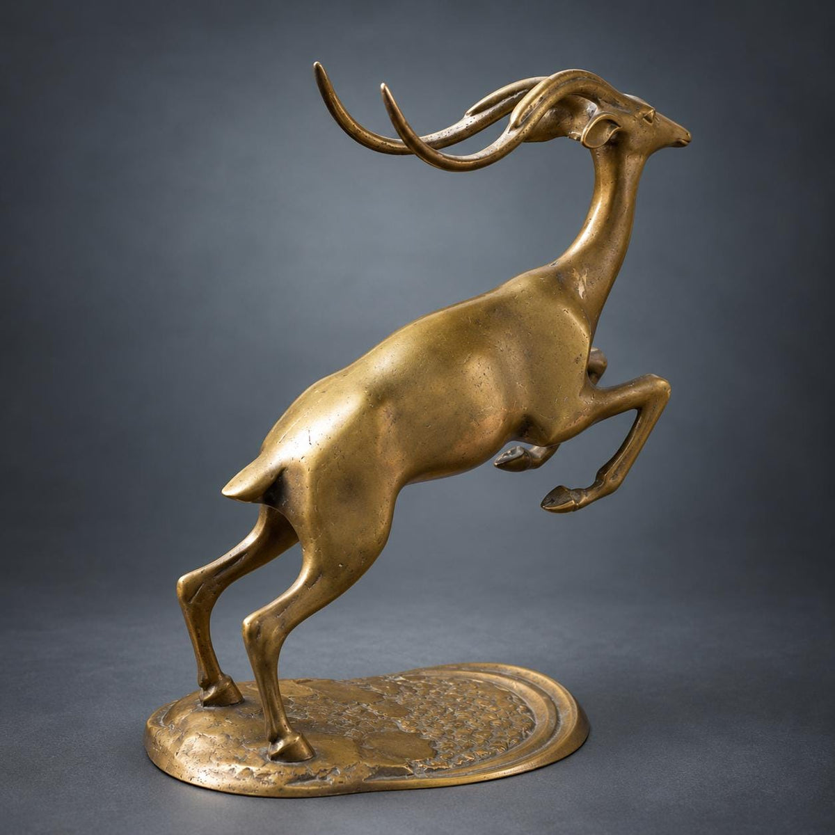 Leaping Gazelle Figure in Brass-Tone Metal on Naturalistic Base, 1960s–70s Style Mid-Century Animal Sculpture