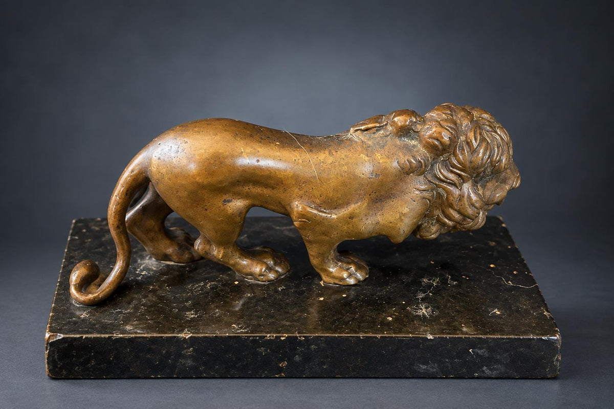 Grand Tour Style Walking Lion Figure, Patinated Gold-Tone Metal on Black Speckled Base, Desk Ornament or Paperweight