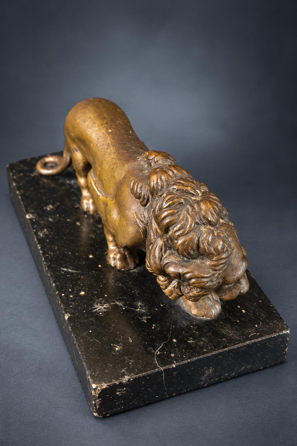 Grand Tour Style Walking Lion Figure, Patinated Gold-Tone Metal on Black Speckled Base, Desk Ornament or Paperweight