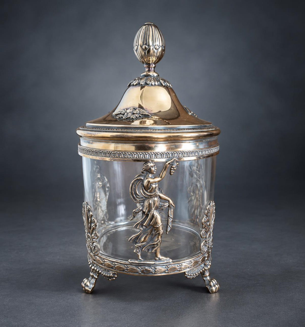 Empire Style Lidded Glass Box in Silver-Tone and Gilt Metal Mount, Muse with Lyre, Palmettes and Paw Feet