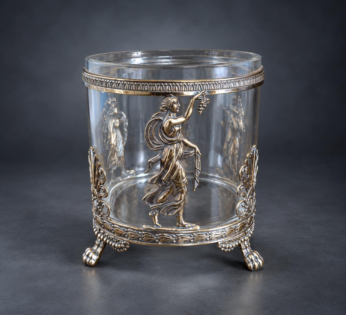 Empire Style Lidded Glass Box in Silver-Tone and Gilt Metal Mount, Muse with Lyre, Palmettes and Paw Feet