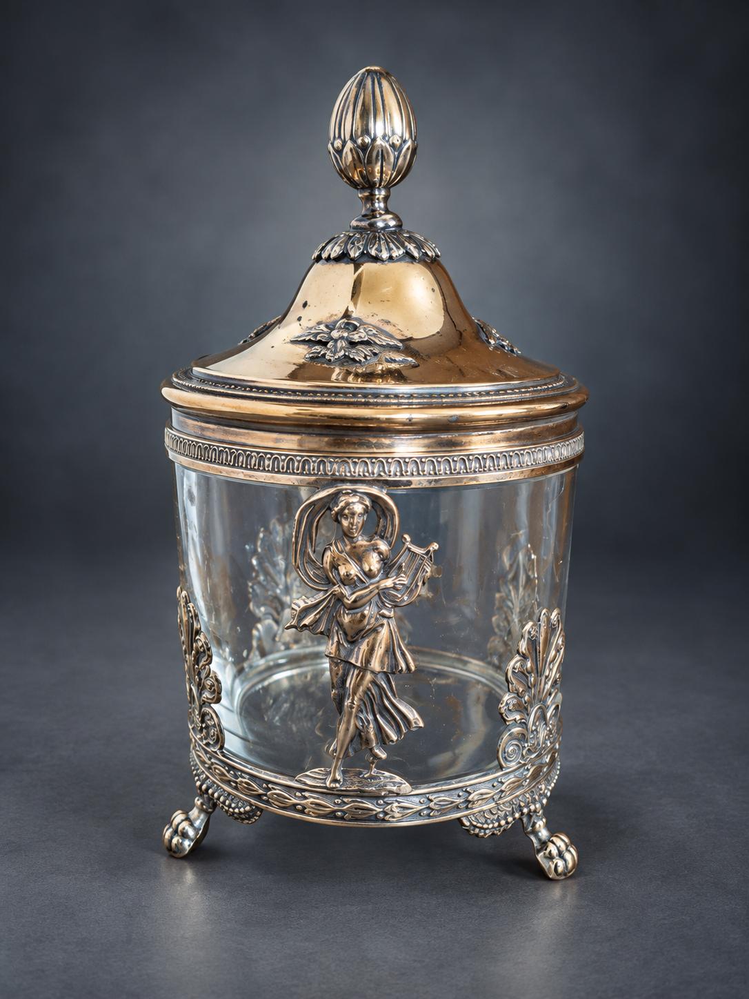 Empire Style Lidded Glass Box in Silver-Tone and Gilt Metal Mount, Muse with Lyre, Palmettes and Paw Feet