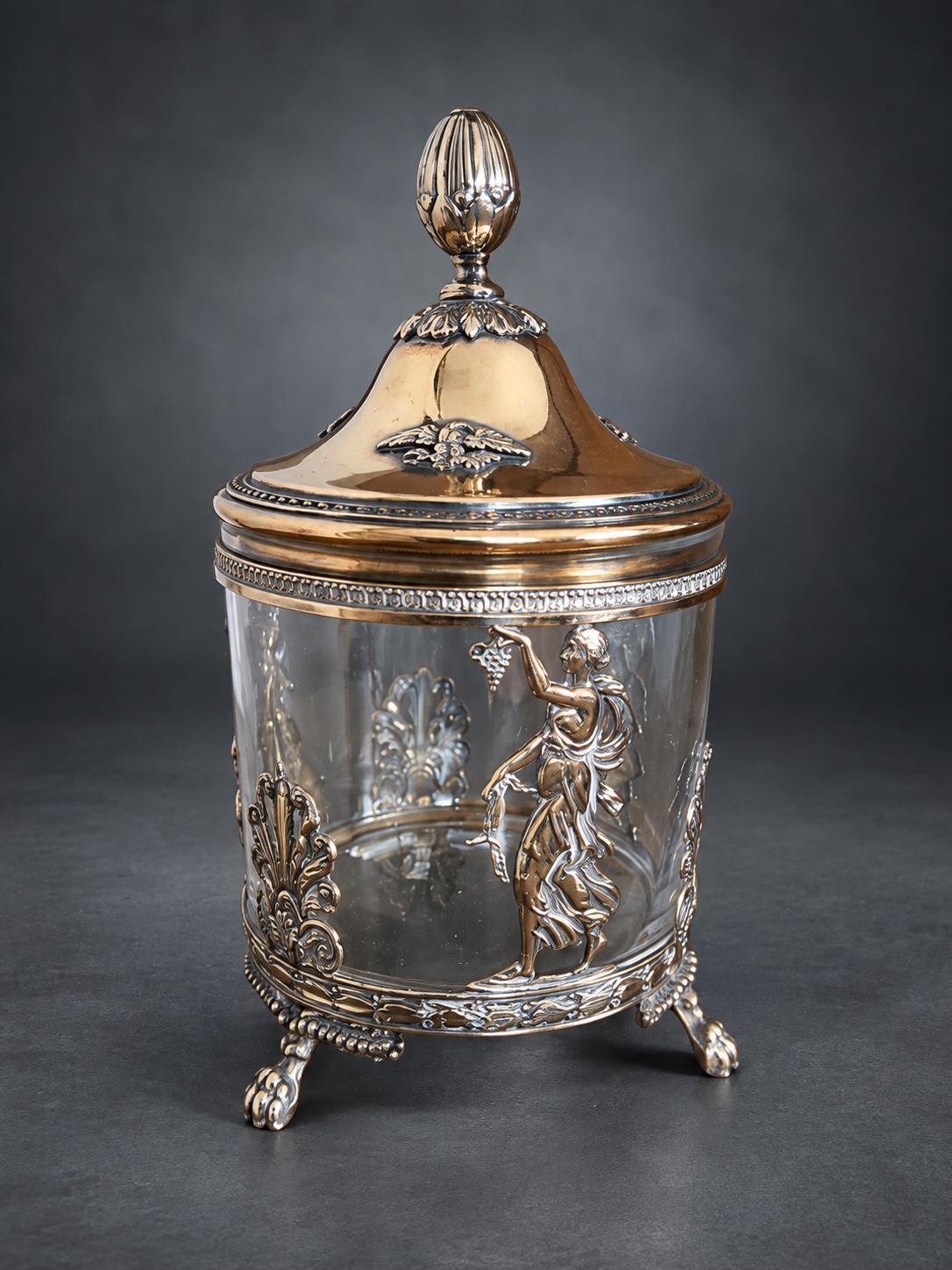 Empire Style Lidded Glass Box in Silver-Tone and Gilt Metal Mount, Muse with Lyre, Palmettes and Paw Feet