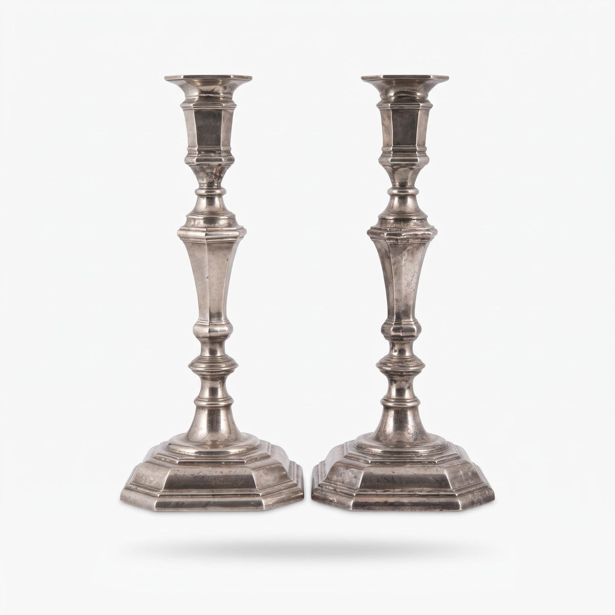 Pair of Louis XIV Style Octagonal Candlesticks, Silver-Tone Metal, Faceted Baluster Stems and Stepped Bases